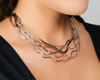 Silver handmade choker, extravagant design in white gold look, jewelry gift for wedding, statement jewelry