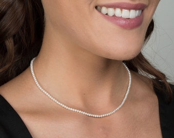 Small fine cultured pearl necklace, round pearls 3 - 3.5 mm top quality fine luster, super beautiful chain for pendants, layered jewelry