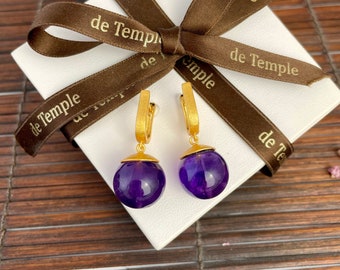 Amethyst earrings gold 15 mm ball, gift idea for Mother's Day, spring trend, great purple color