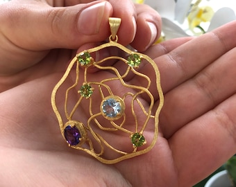 Pendant spring colors gold amethyst topaz peridot, hand crafted top bGoldsmith design, gift idea mom, sister