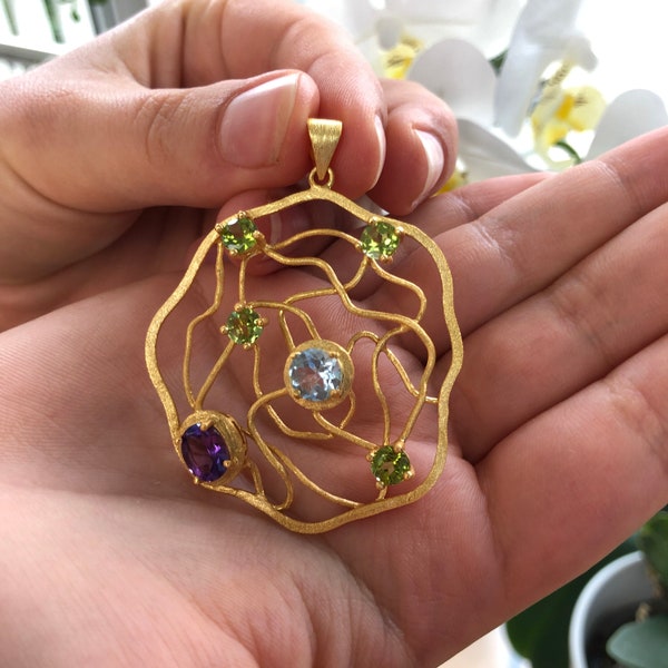 Pendant spring colors gold amethyst topaz peridot, hand crafted top bGoldsmith design, gift idea mom, sister