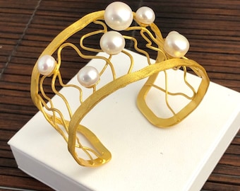 Pearl bangle gold handcrafted, ice matte surface top jewelry gift for the bride