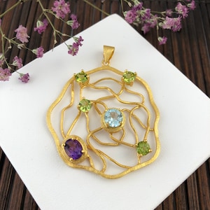 Pendant colorful gemstones, goldsmith handmade, gift for wedding anniversary 925 silver 18kt gold-plated