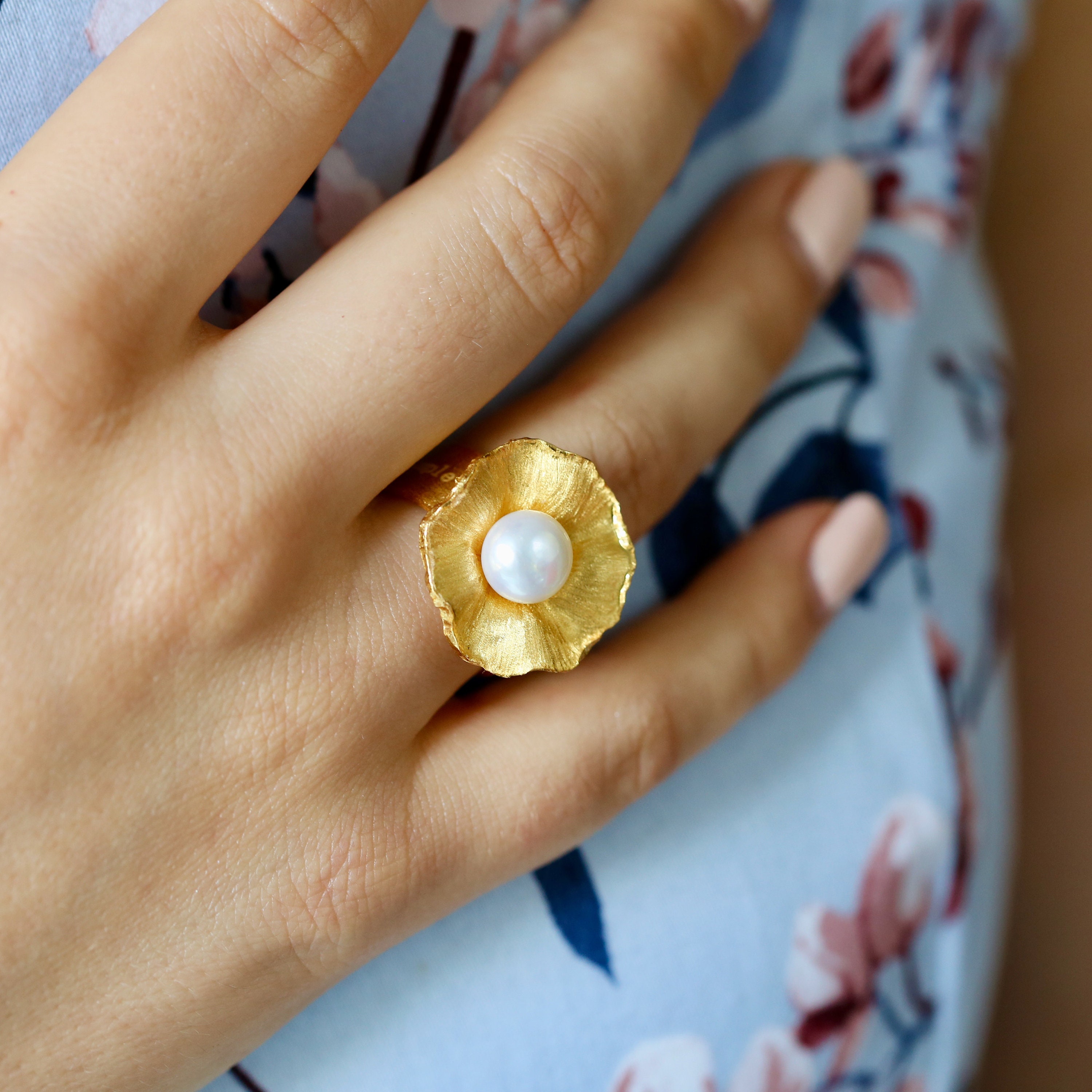 Pearl ring gold unique, handcrafted, design for flower lovers, top style 925 sterling silver with 18kt gold plating