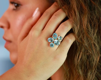 Statement ring silver with blue topaz gemstones, unusual goldsmith handmade, gift idea for birth