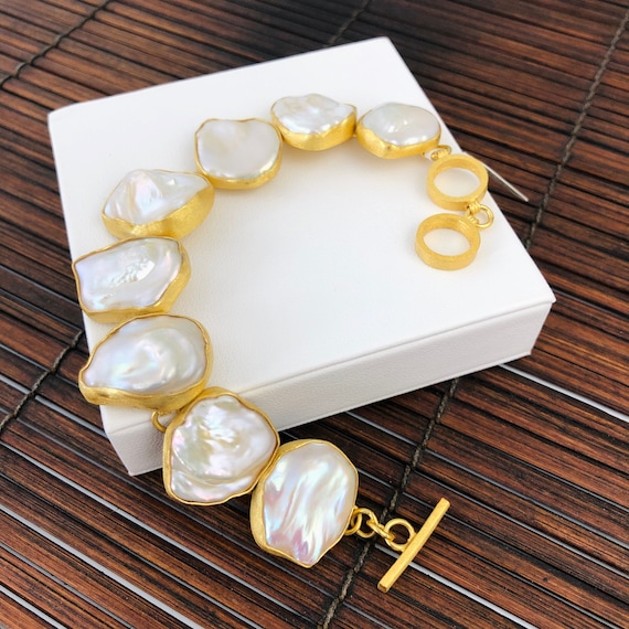Bracelet Fin En Perles De Culture Argent 925 Plaqué Or Jaune - Marque Rose-Mimosa