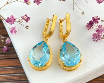 Blue topaz gold earring, handmade, large drop-cut gemstone, 925 silver 18kt gold-plated, birth gift