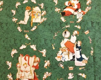 May include: A green fabric with a repeating pattern of angels, Santa Claus, and children. The pattern includes a variety of Christmas-themed imagery, such as presents, candy canes, and a Christmas tree.