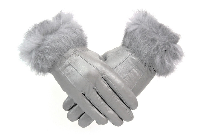 Ladies Grey Real Leather Gloves With Fur Trim Luxury Gift Etsy