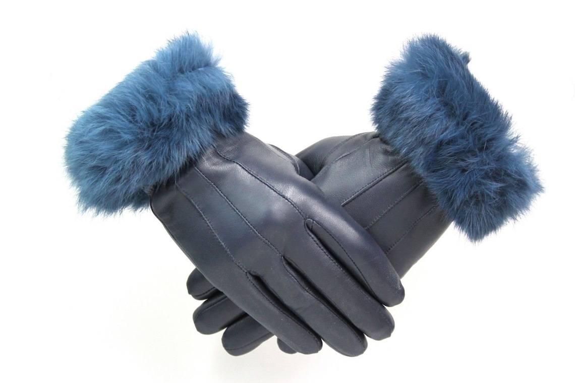 Ladies Blue Real Leather Gloves With Fur Trim Luxury Gift | Etsy