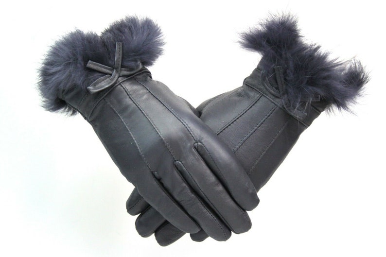 Ladies Navy Blue Real Leather Gloves With Fur and Bow Trim Etsy