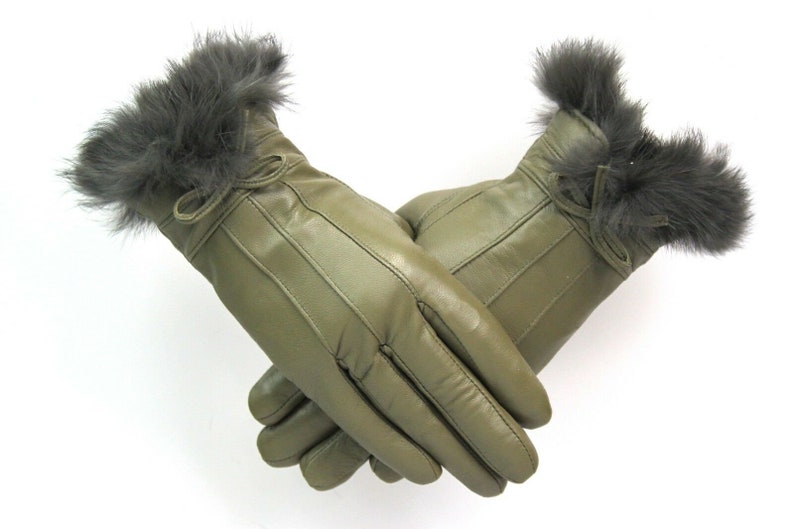Ladies Green Real Leather Gloves With Fur and Bow Trim Luxury Etsy