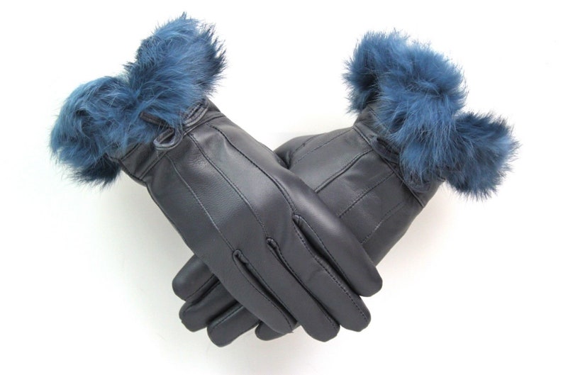Ladies Blue Real Leather Gloves With Fur And Bow Trim Luxury Etsy