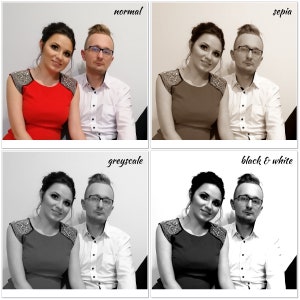 May include: A couple poses for a photo. The woman is wearing a red dress with beaded straps. The man is wearing a white button-down shirt. The image is shown in four different color variations: normal, sepia, grayscale, and black and white.