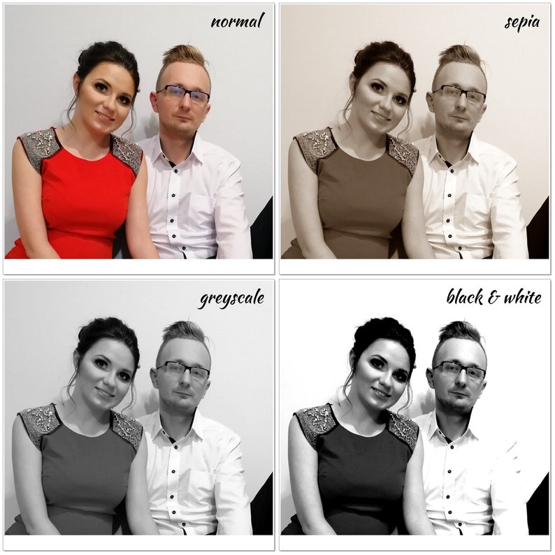 May include: A couple poses for a photo. The woman is wearing a red dress with beaded straps. The man is wearing a white button-down shirt. The image is shown in four different color variations: normal, sepia, grayscale, and black and white.