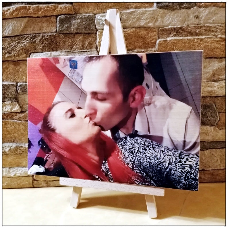 Personalized photo on wood slice with stand or string. 5th Anniversary gift. Birthday gift. Wooden gift and rustic home decor image 2