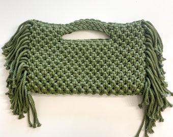 Macrame Clutch, Macrame Fringe Bag, Fringe Bag, Handmade Fringe Bag, Handmade Bag, Reversible Bag, Olive Green Bag