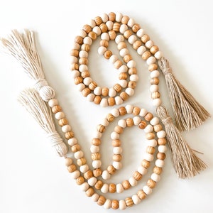 Wood Bead Garland, Rustic Decor, Boho Decor, Farmhouse Decor, Modern Decor, Handmade Garland with Tassels, Two Tone Garland