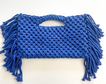 Macrame Clutch, Macrame Fringe Bag, Fringe Bag, Handmade Fringe Bag, Handmade Bag, Reversible Bag, Blue Bag