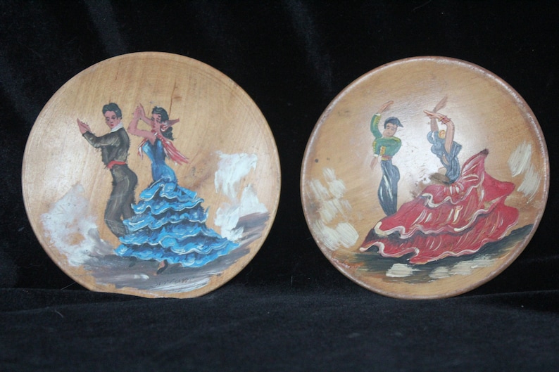 Vintage 1960/'s Spanish Flamenco Dancers Hand Painted Wooden Plates