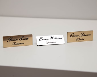 Golden name badge. Identification badge, business name tag. Staff id, pin name tags.