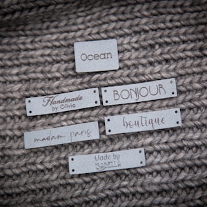 Custom sewing labels. Beautiful personalised vegan knitting labels, product tags, alcantara leather. image 10