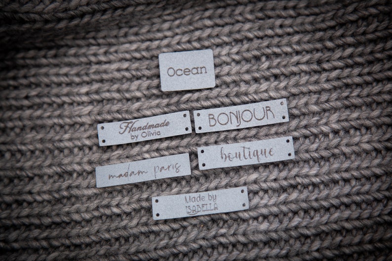 Custom sewing labels. Beautiful personalised vegan knitting labels, product tags, alcantara leather. zdjęcie 10