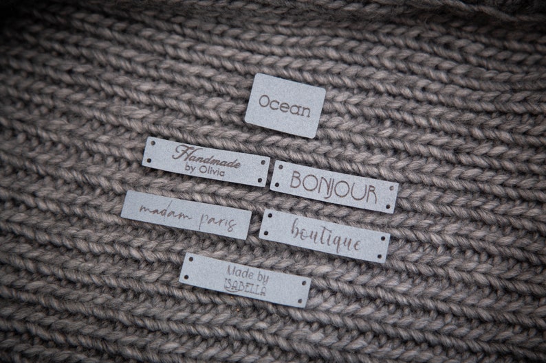 Custom sewing labels. Beautiful personalised vegan knitting labels, product tags, alcantara leather. image 10