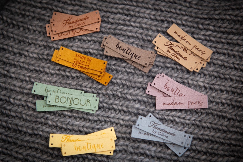 Custom sewing labels. Beautiful personalised vegan knitting labels, product tags, alcantara leather. image 7