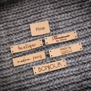 Sewing labels with your logo or text. Beautiful personalised vegan knitting labels, product tags, alcantara leath with er. image 8