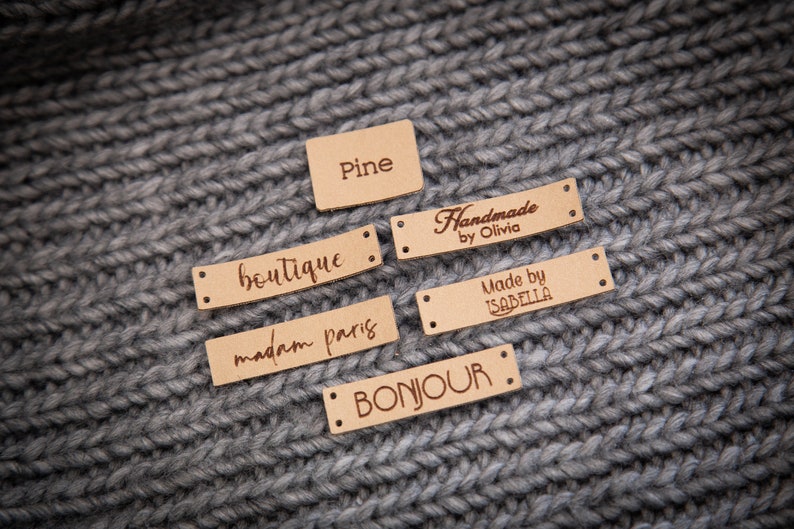 Sewing labels with your logo or text. Beautiful personalised vegan knitting labels, product tags, alcantara leath with er. image 8