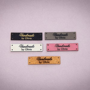 Custom sewing labels. Vegan faux leather knitting labels, product tags, black with gold or cork labels. image 1