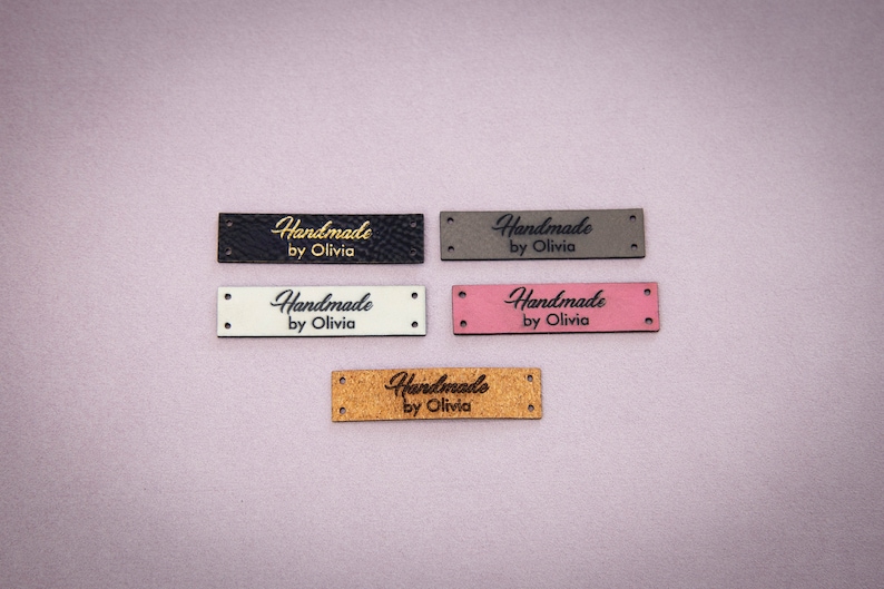 Custom sewing labels. Vegan faux leather knitting labels, product tags, black with gold or cork labels. image 1