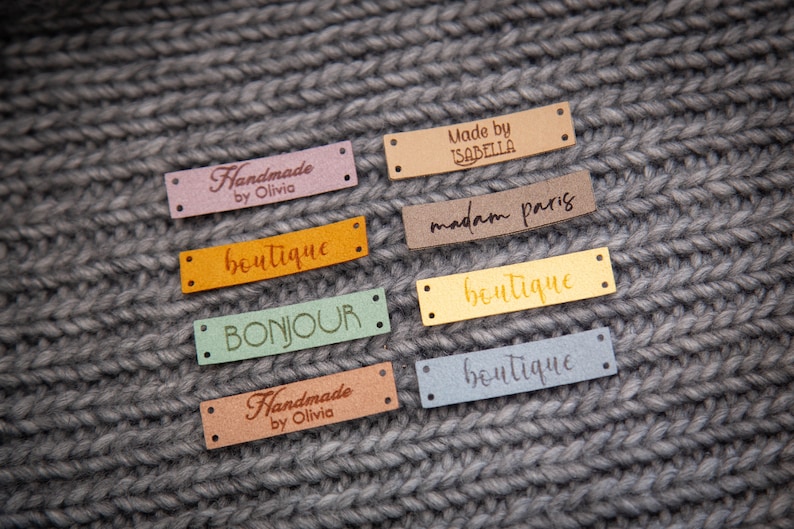 Custom sewing labels. Beautiful personalised vegan knitting labels, product tags, alcantara leather. image 6