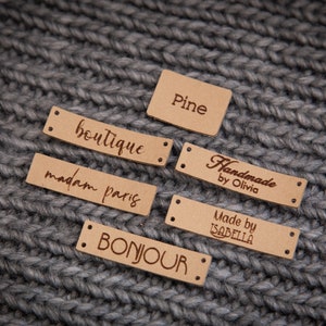 Custom sewing labels. Beautiful personalised vegan knitting labels, product tags, alcantara leather. image 6