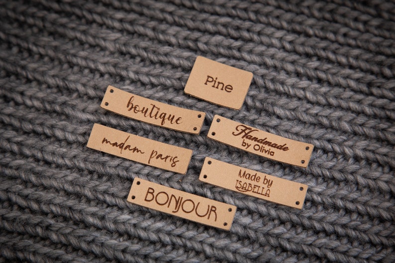 Custom sewing labels. Beautiful personalised vegan knitting labels, product tags, alcantara leather. image 6