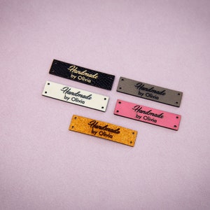 Custom cork sewing labels. Vegan faux leather knitting labels, product tags, black with gold or cork labels. image 6