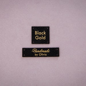 Custom sewing labels. Vegan faux leather knitting labels, product tags, black with gold or cork labels. image 10