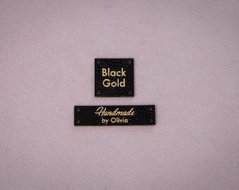 Custom black + gold labels. Vegan faux leather knitting labels, product tags, black with gold or cork labels.