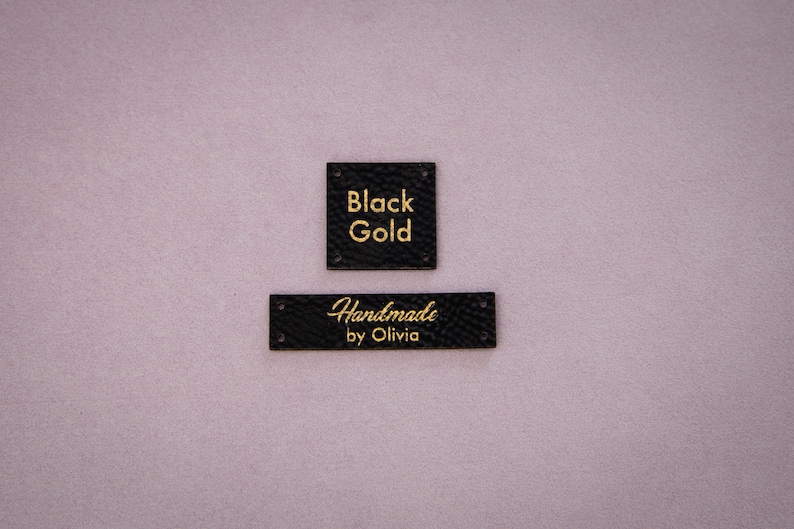 Custom leather labels. Vegan faux leather knitting labels, product tags, black with gold or cork labels. image 10