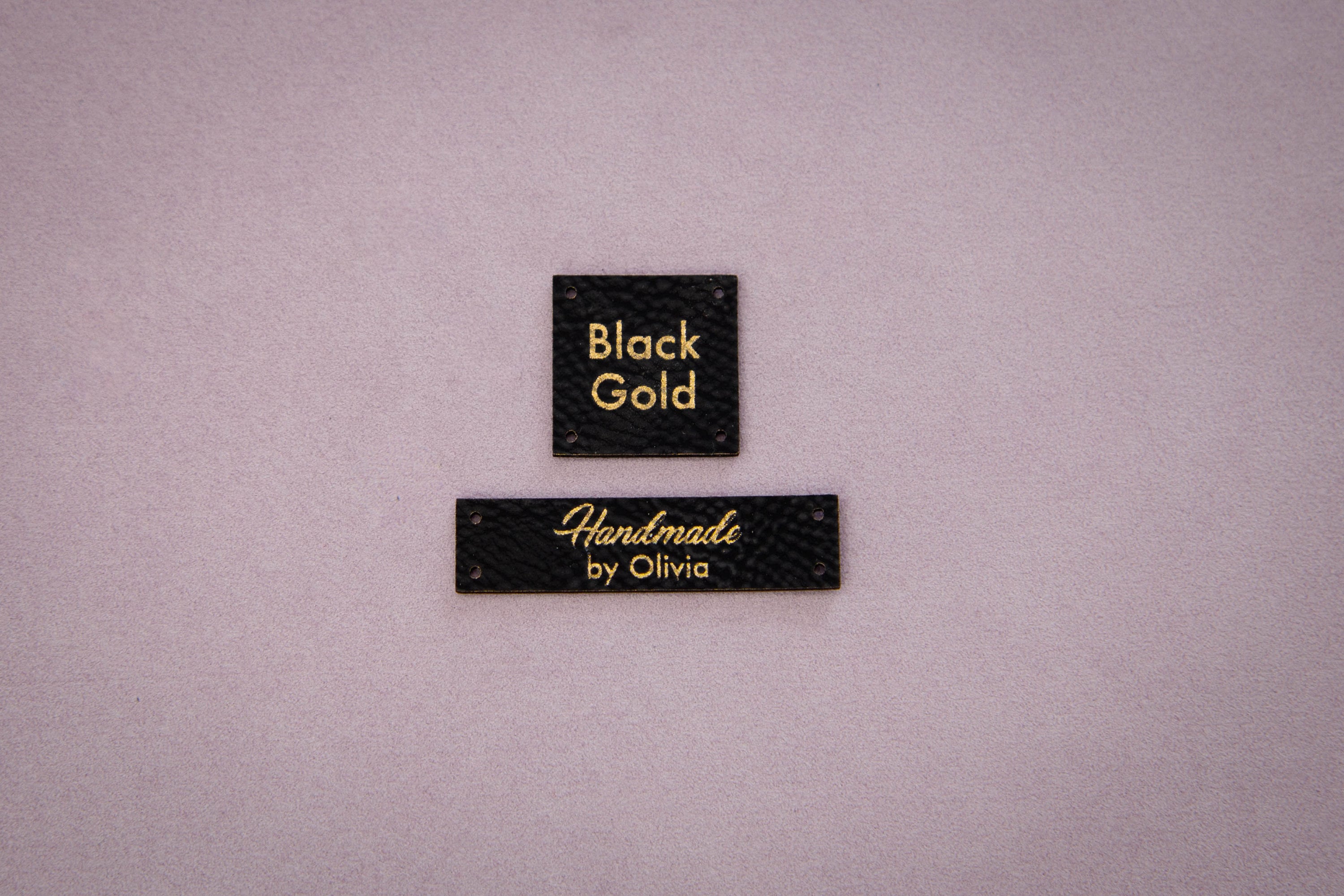 Custom Black & Gold Vegan Leather Knitting Labels: Product Tags