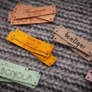 Custom sewing labels. Beautiful personalised vegan knitting labels, product tags, alcantara leather. image 7