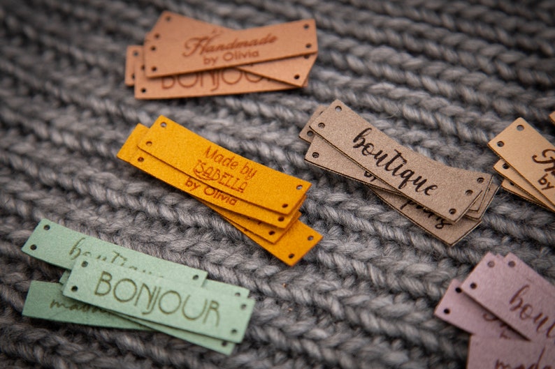 Custom sewing labels. Beautiful personalised vegan knitting labels, product tags, alcantara leather. image 7