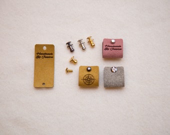 Knitting labels, leather tags for crochet. Alcantara leather labels with rivets or without. Faux leather labels. Product tags vegan leather