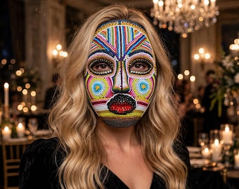 One of a Kind - Handmade Beaded Mask - Colourful Rhinestone Full Face Mask - Art Masquerade Mask - Festival Mask - 3D Printed Bead Mask