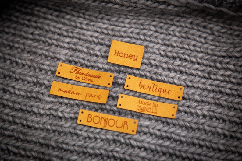 Custom sewing labels. Beautiful personalised vegan knitting labels, product tags, alcantara leather. image 6