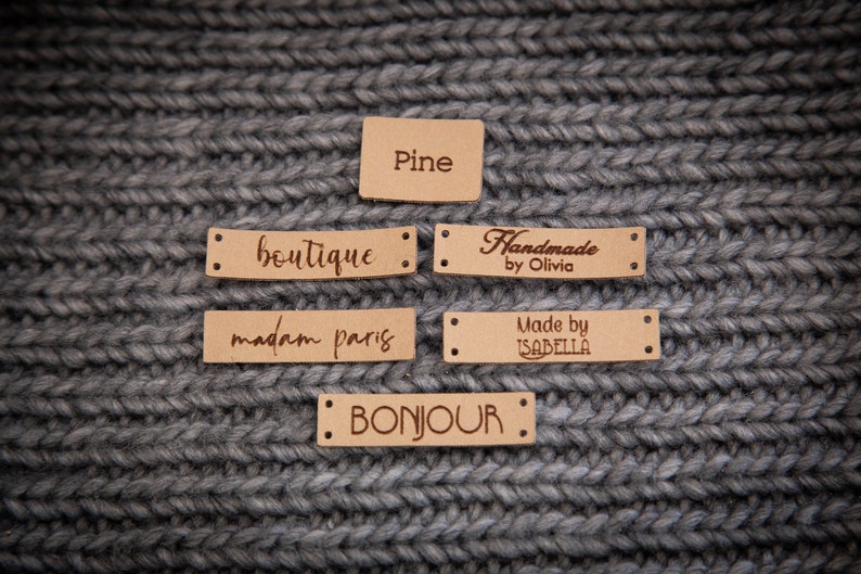 Custom sewing labels. Beautiful personalised vegan knitting labels, product tags, alcantara leather. zdjęcie 6