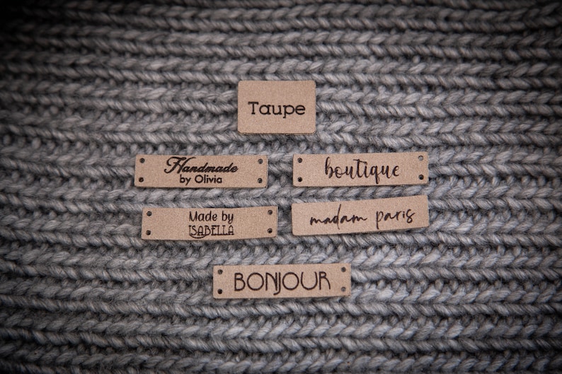 Custom sewing labels. Beautiful personalised vegan knitting labels, product tags, alcantara leather. image 4