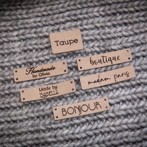 Custom sewing labels. Beautiful personalised vegan knitting labels, product tags, alcantara leather. zdjęcie 7