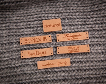 Custom sewing labels. Beautiful personalised vegan knitting labels, product tags,  alcantara leather.